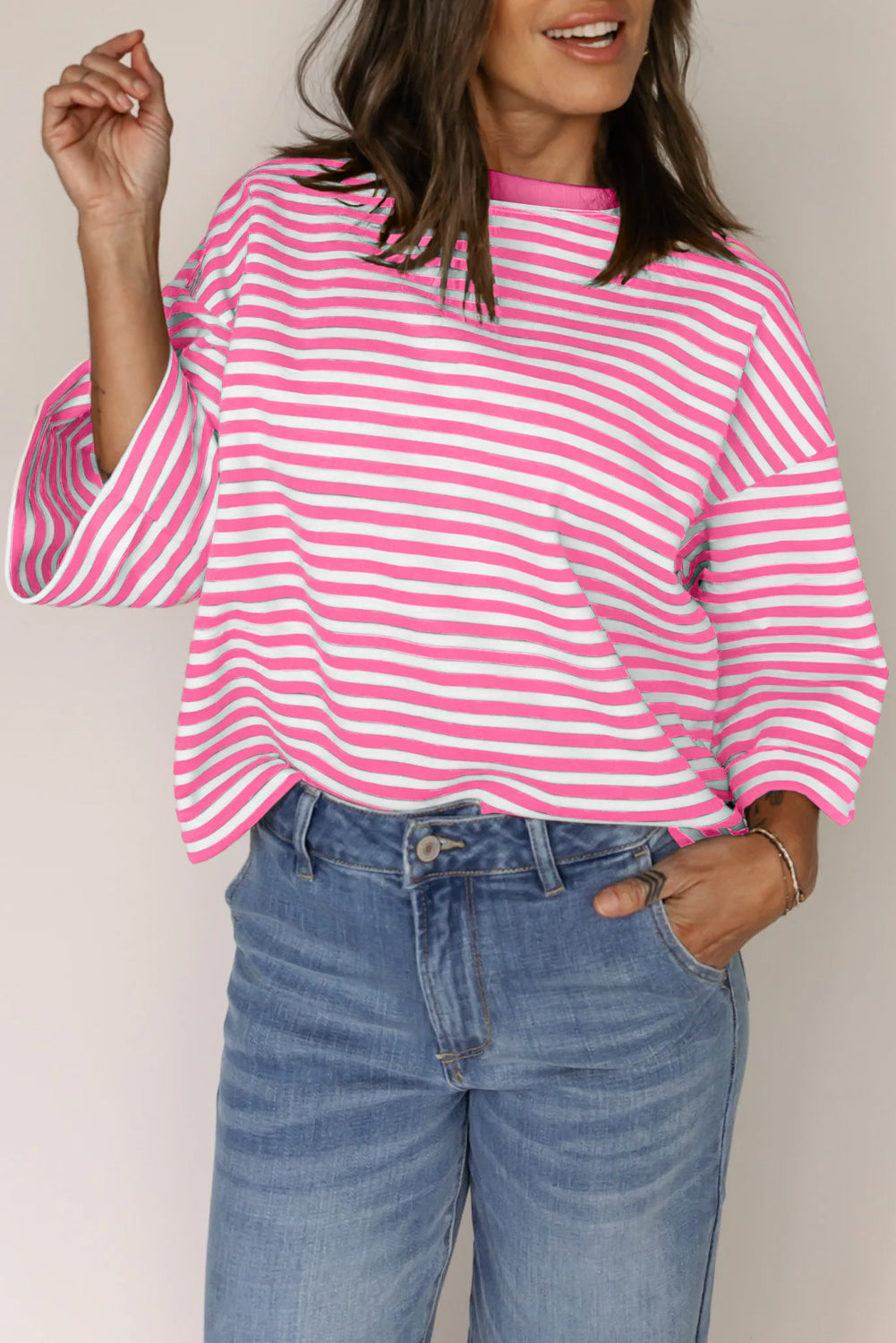 Pink Striped Bowknot Backless Drop Sleeve T-Shirt