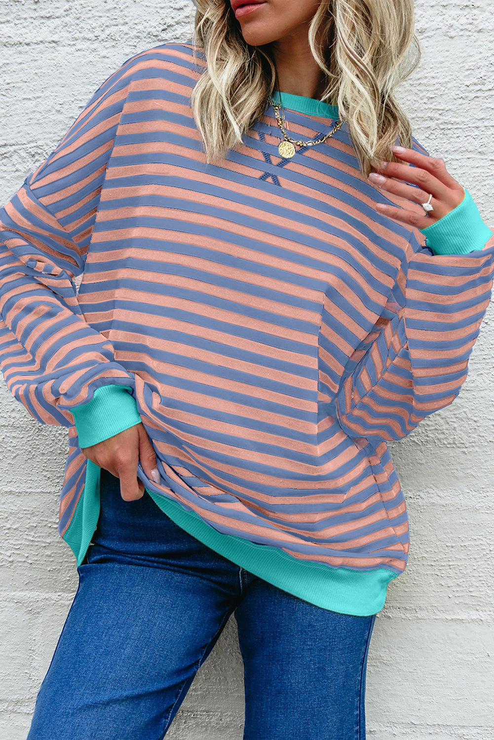 Racing Red Striped Contrast Trim Drop Shoulder Sweatshirt