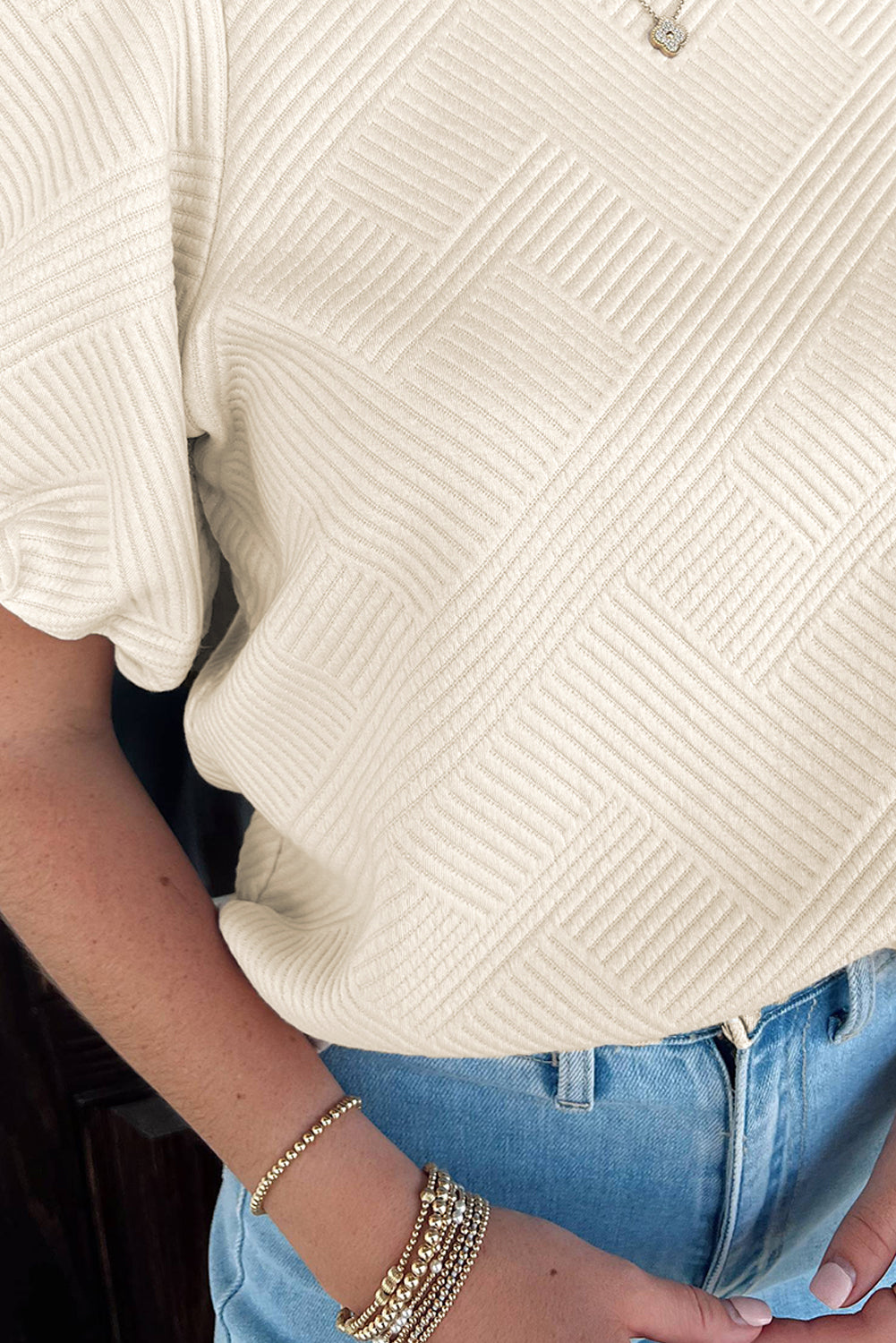 Oatmeal Solid Color Textured Puff Sleeve T-shirt