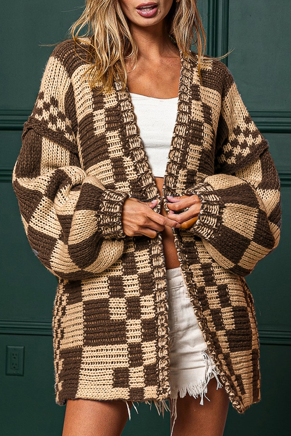 Dark Brown Colorblock Checked Loose Fit Open Front Knitted Cardigan