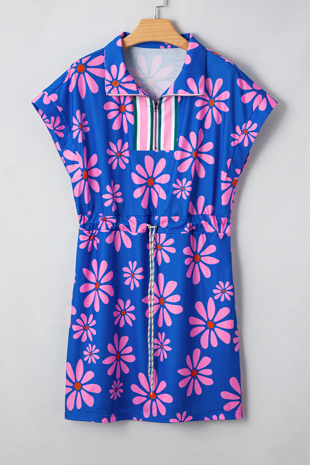 Purple Pop of Color Quarter Zip Collar Drawstring Waist Floral Mini Dress