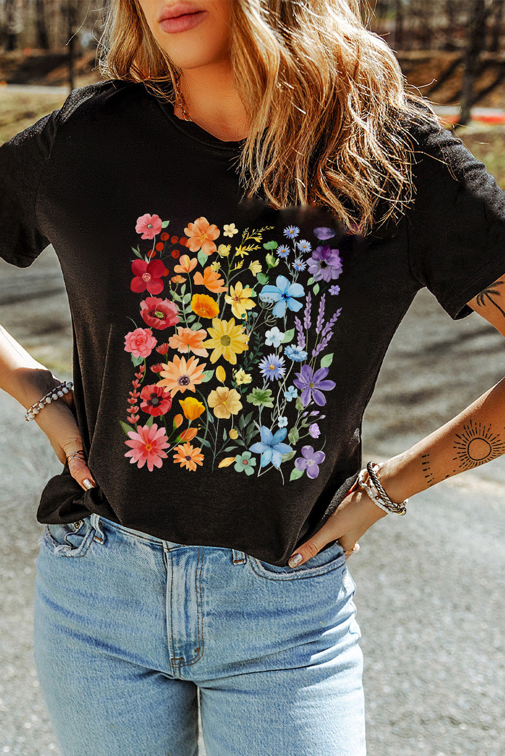 Black Flower Print Cotton Blend Casual Tee