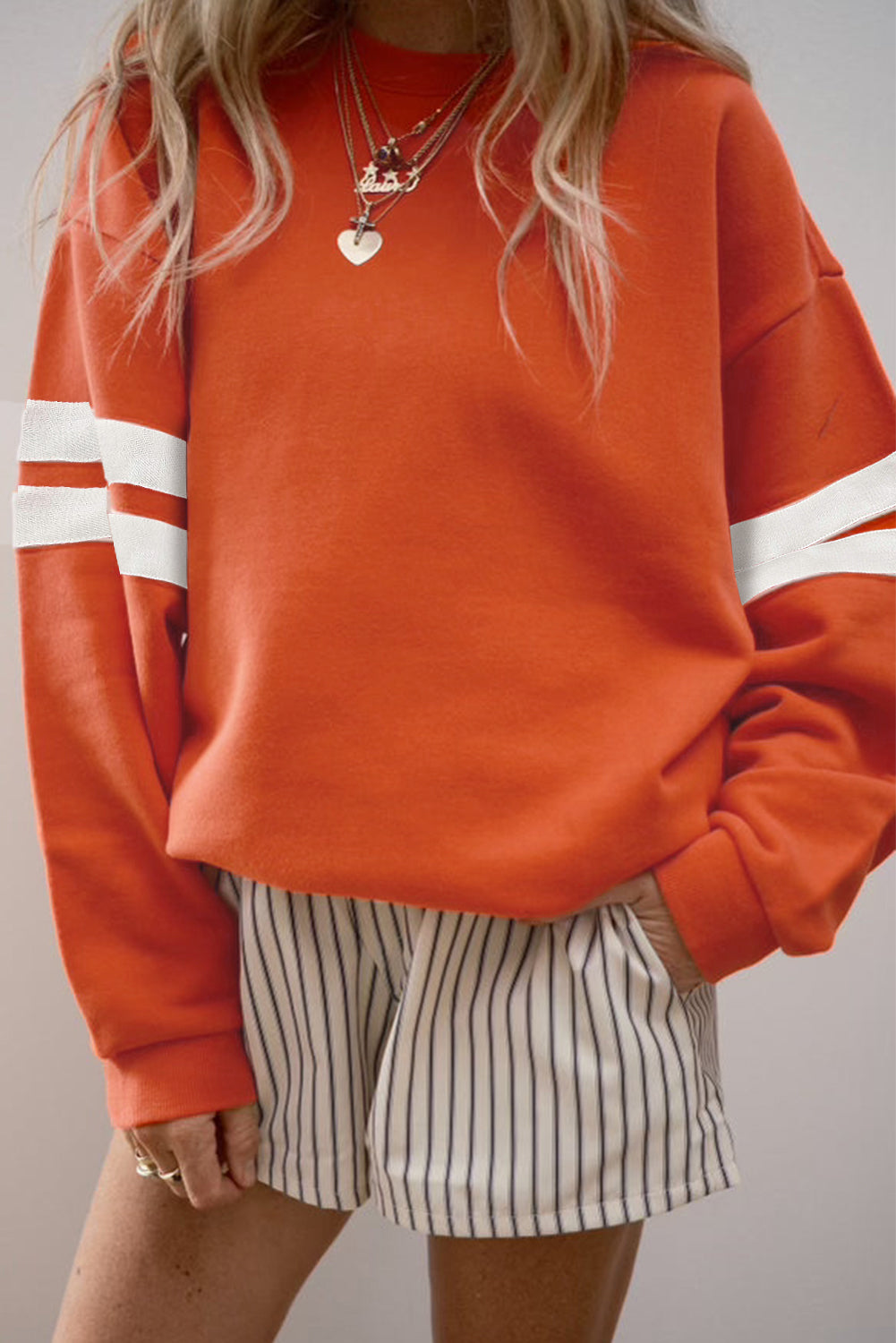 Orange Preppy Striped Sleeve Loose Sweatshirt