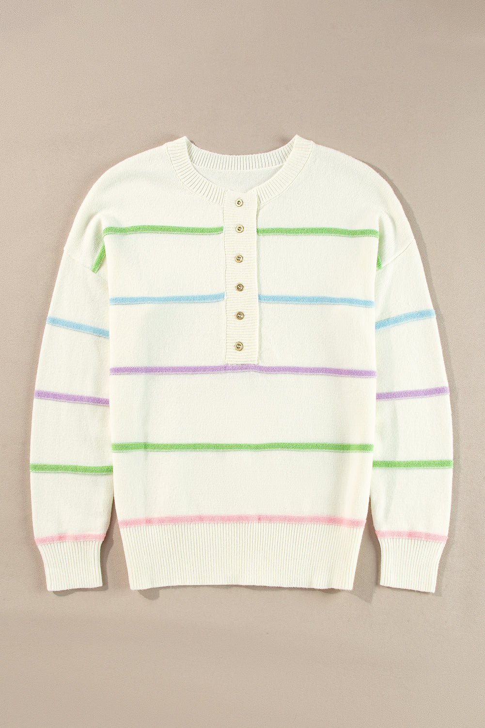 White Rainbow Striped Drop Sleeve Henley Sweater