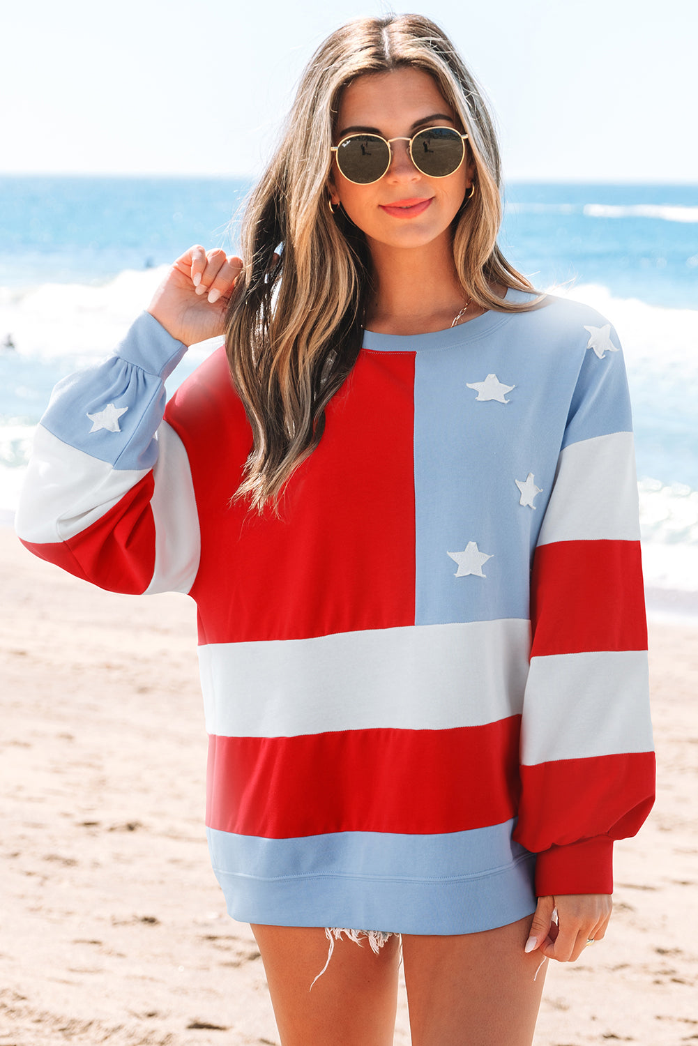 Multicolour American Flag Vintage Colorblock Pullover Sweatshirt