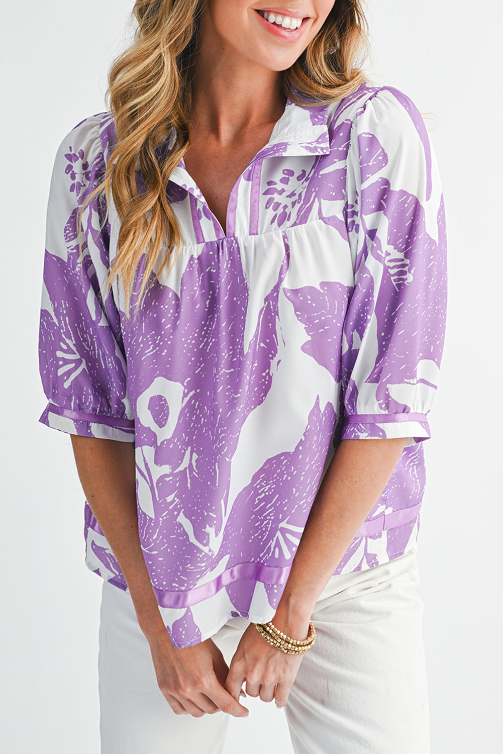 Purple Floral V-Neck Bubble Sleeve Blouse