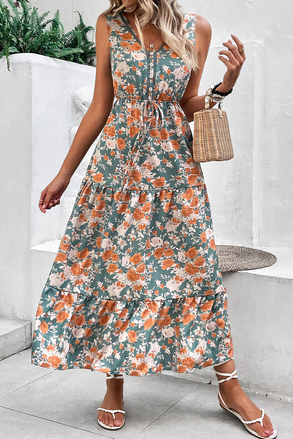 Green Floral Print Trimmed V Neck Sleeveless Vacation Dress