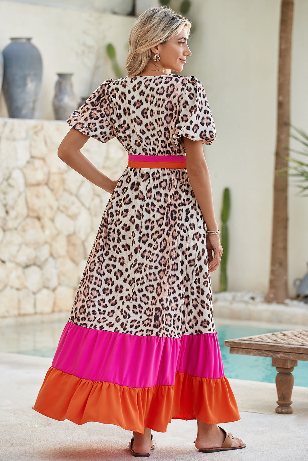 Bright Pink Leopard Print Colorblock Pop of Color Neckline Dress