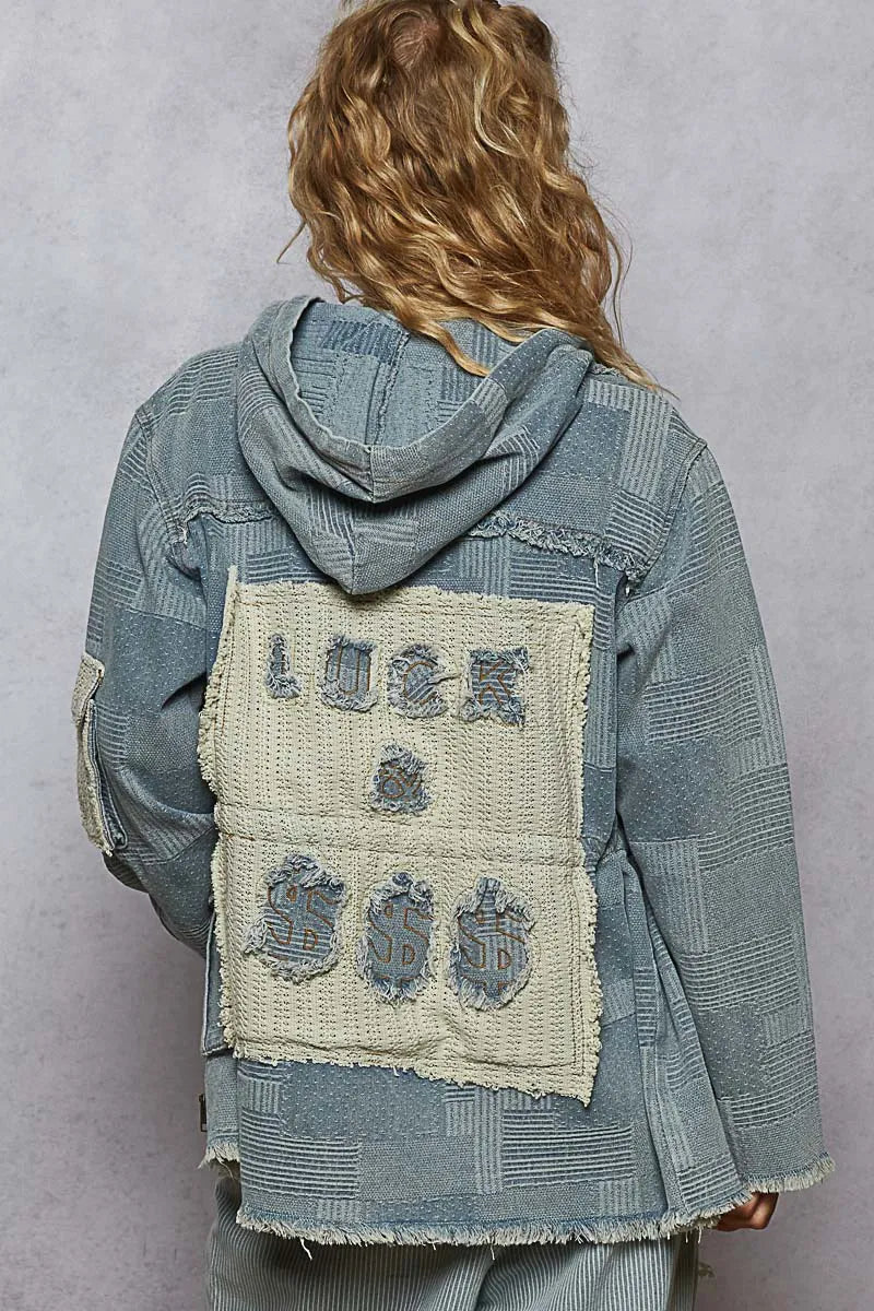 Raw Hem Drawstring Zip Up Hooded Denim Jacket