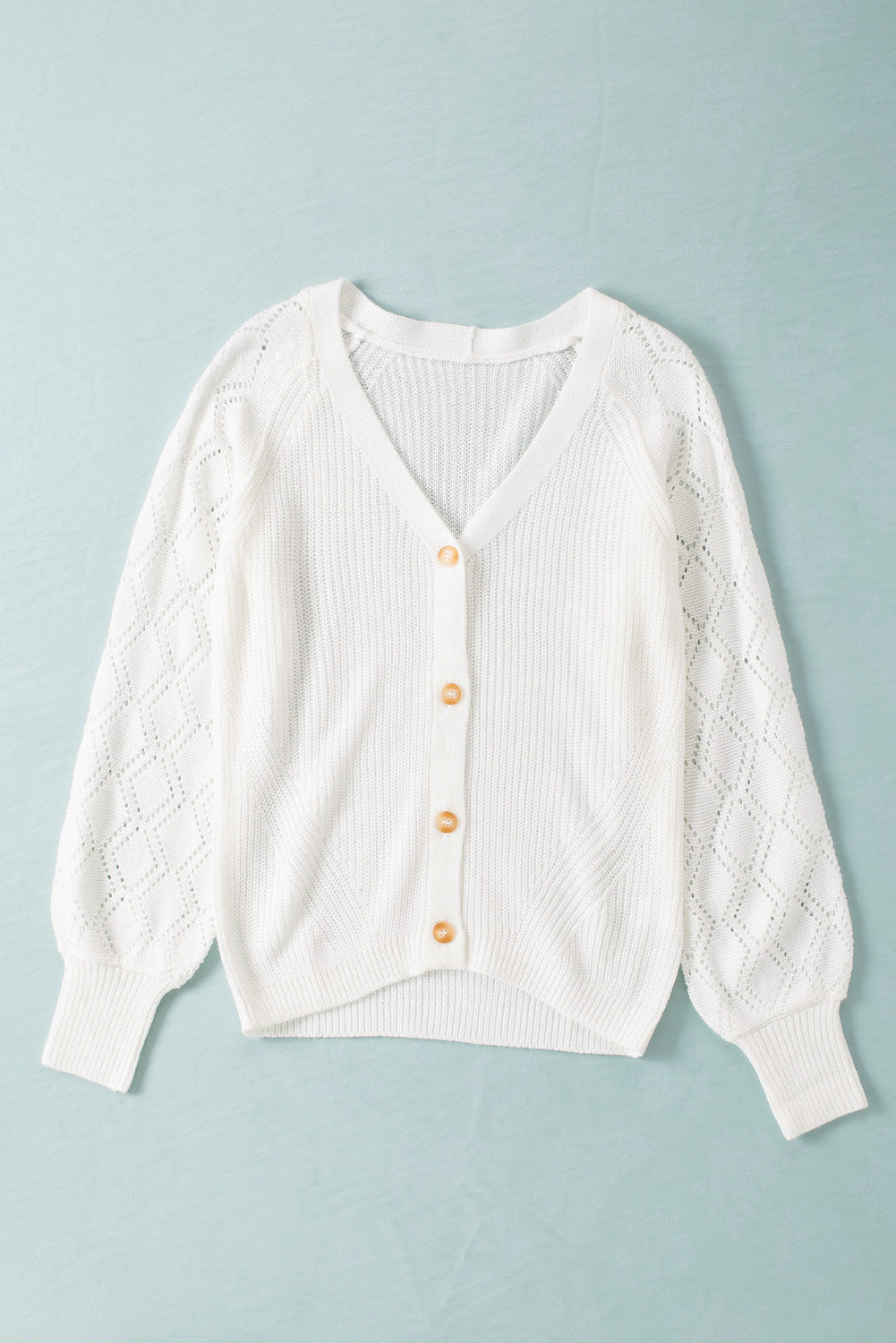 White V Neck Button Bishop Sleeve Knit Cardigan