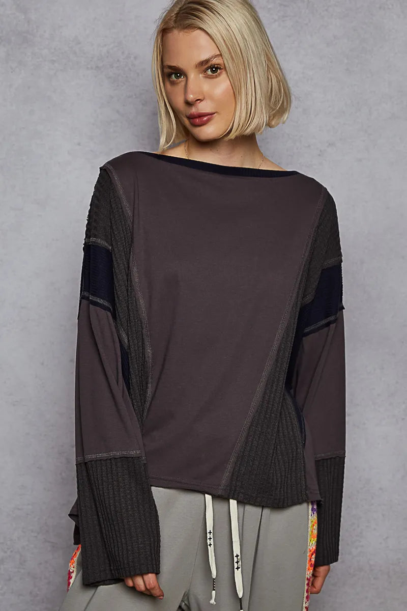 Contrast Round Neck Long Sleeve T-Shirt