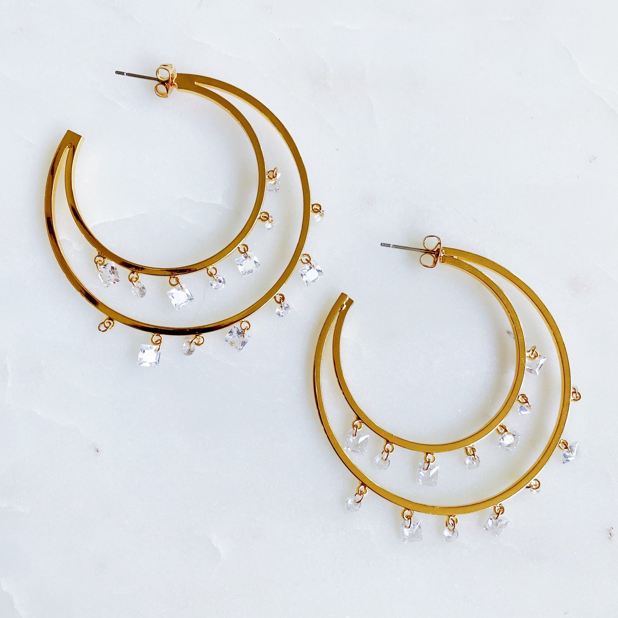 Doubled Hoop Crystal Dangle Earrings-4