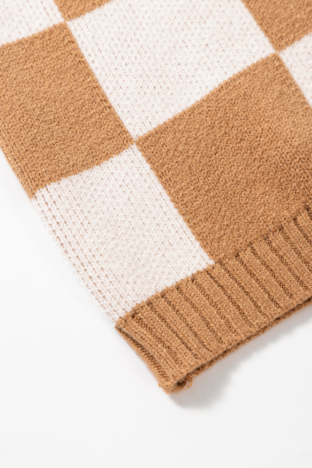 Light French Beige Checkered Knit Dolman Short Sleeve Sweater