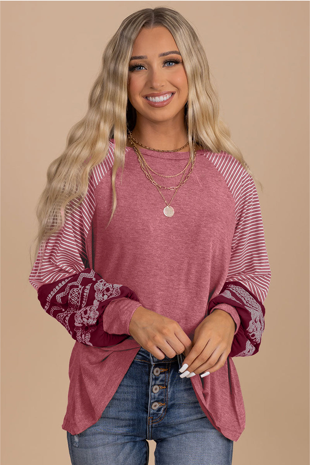 Mineral Red Contrast Print Striped Raglan Long Sleeve Loose Top