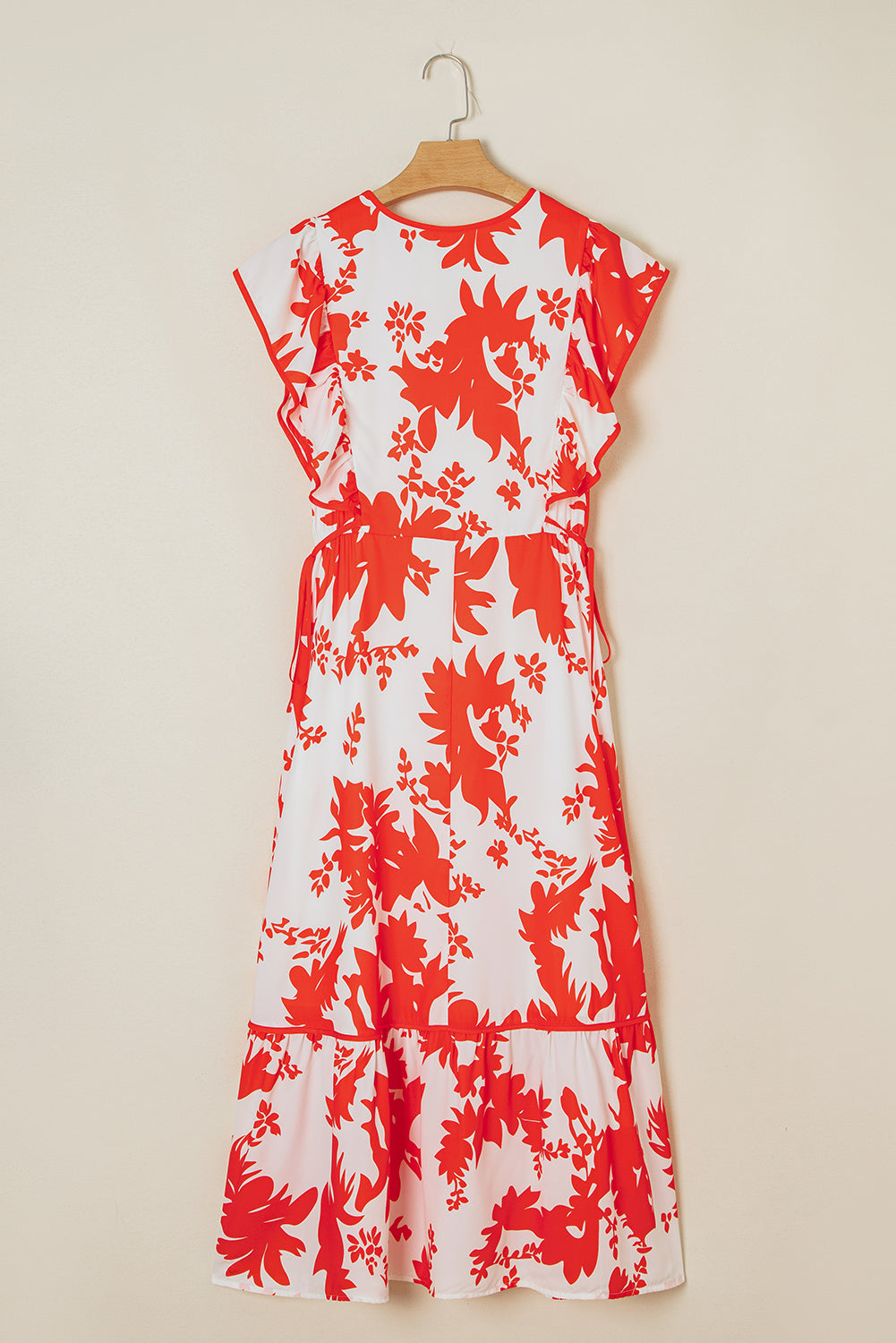 Red Floral Print Trimmed V Neck Ruffle Sleeve Maxi Dress