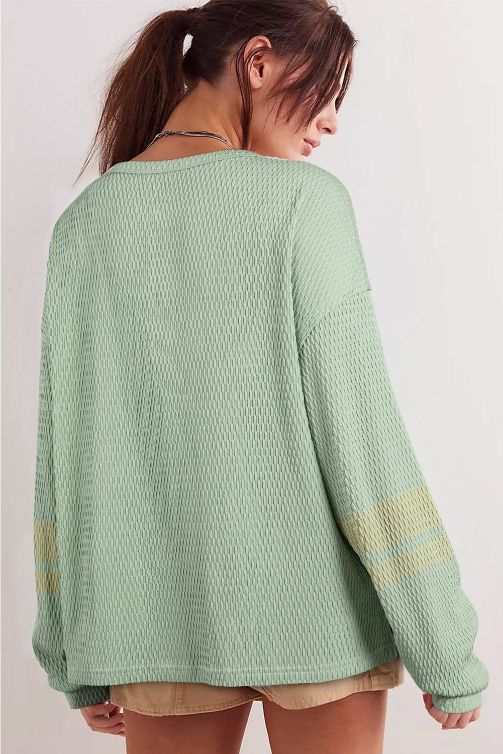 Meadow Mist Green Textured Colorblock Sleeve Henley Sweatshirt
