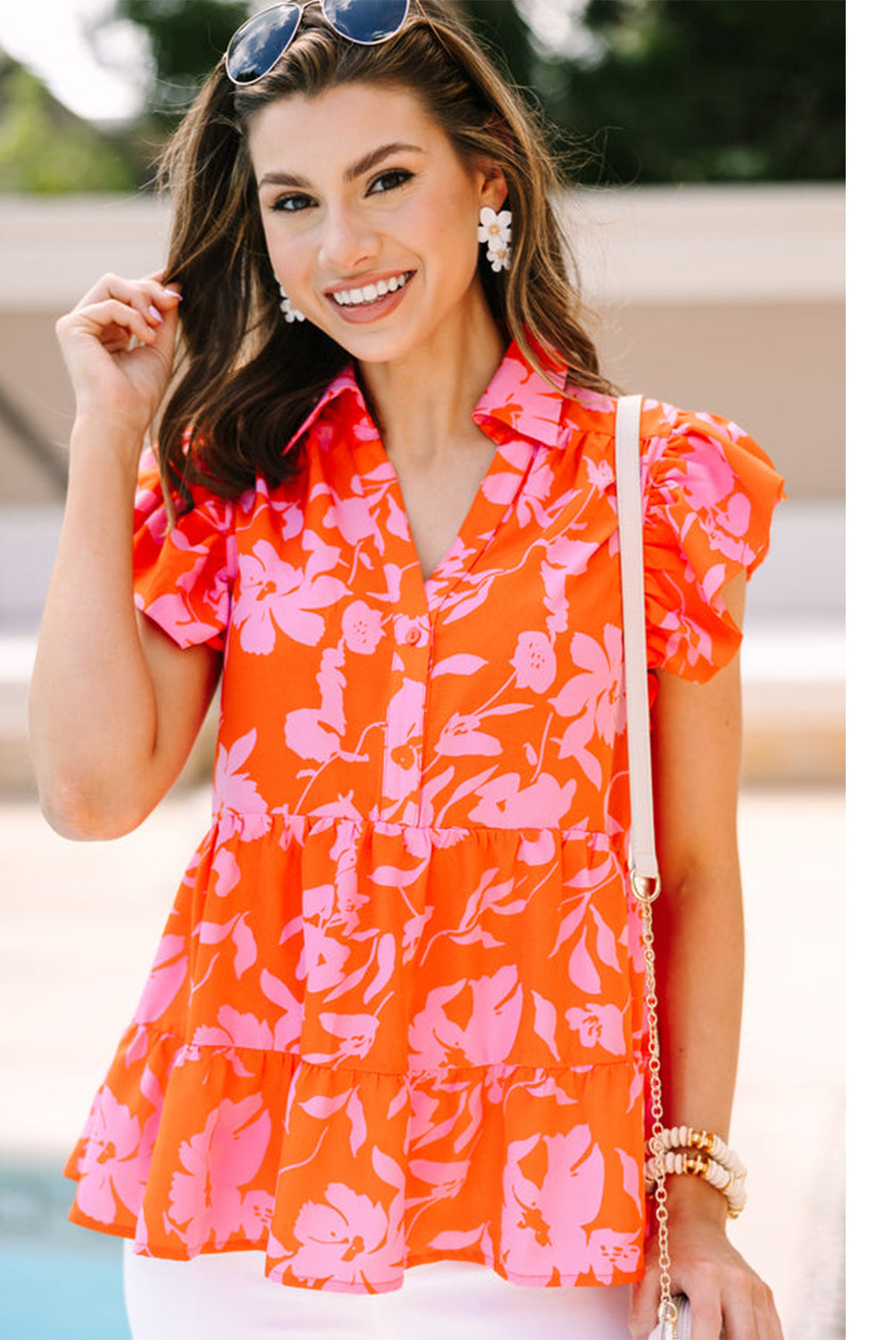 Orange Floral Print Collared Flutter Sleeve Blouse