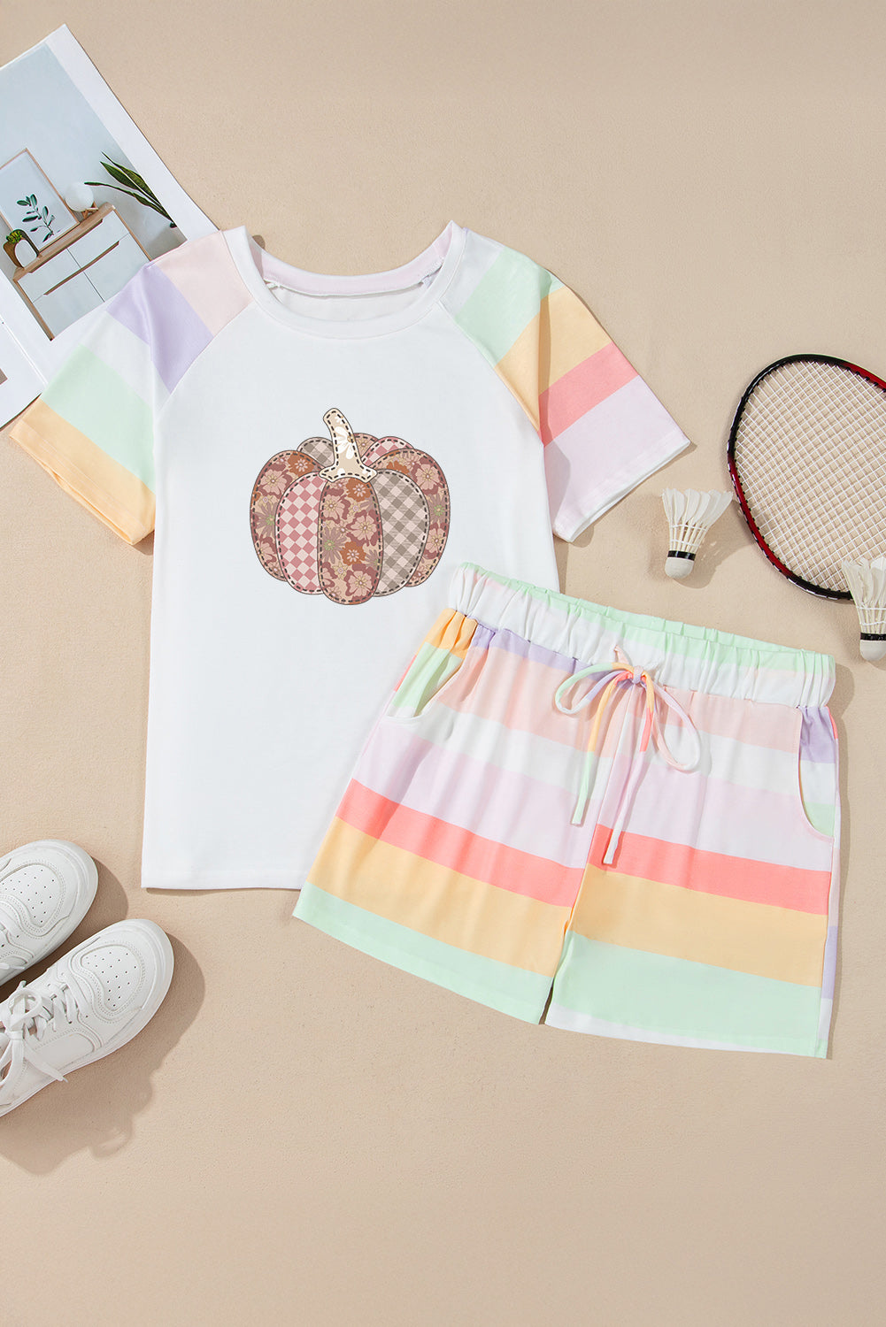 White Pumpkin Graphic Rainbow Striped T Shirt and Pocket Shorts