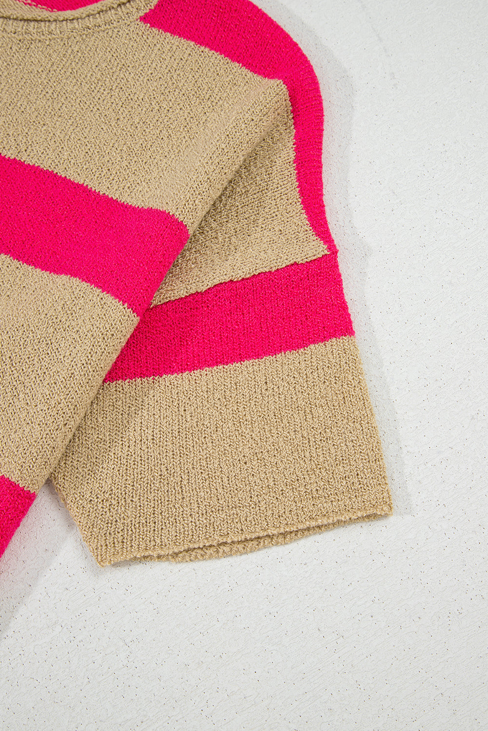 Pink Stripe Colorblock Short Sleeve Crew Neck Lightweight Sweater