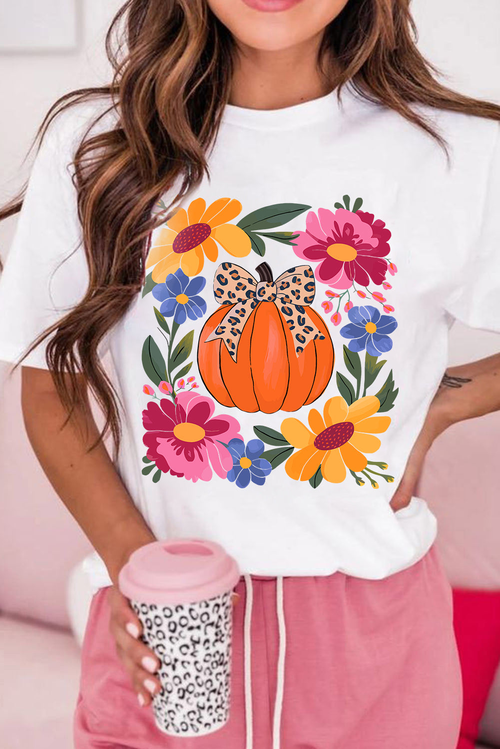 White Flower and Pumpkin Graphic Crewneck Tee