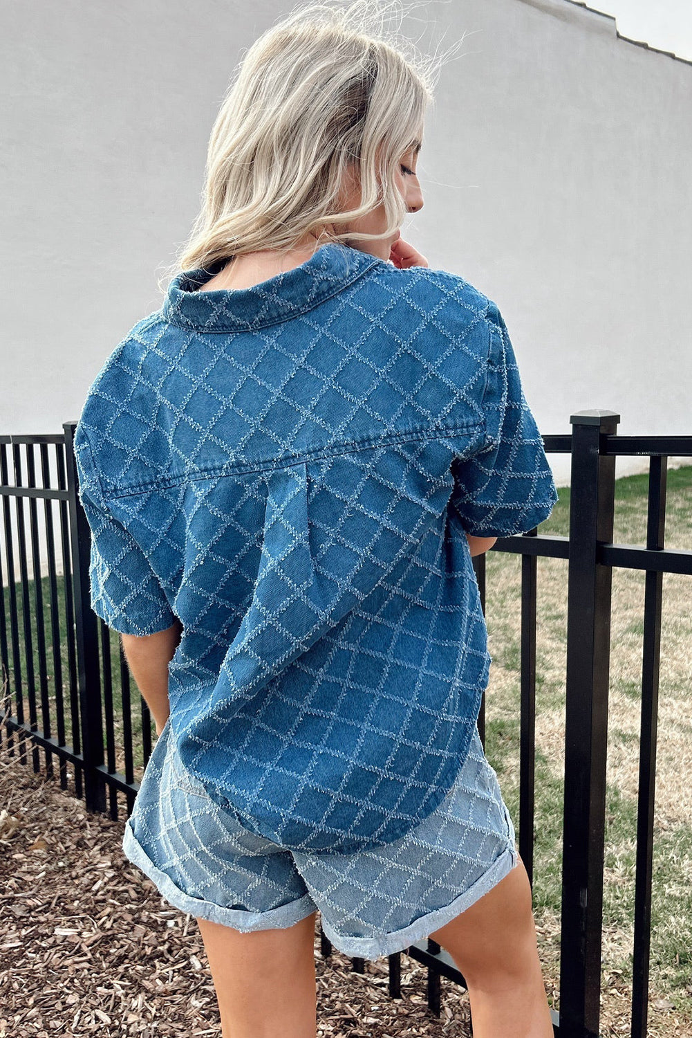 Dusk Blue Checkered Textured Short Sleeve Pocket Denim Shirt
