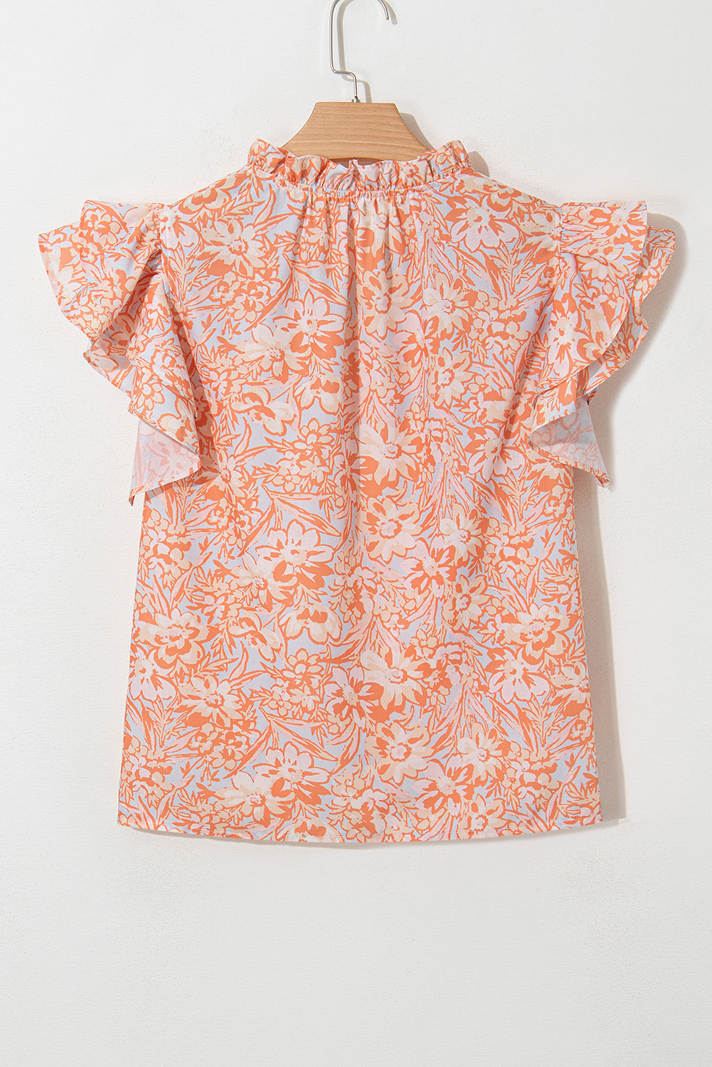 Orange Floral Ruffle Sleeve Split Neck Blouse