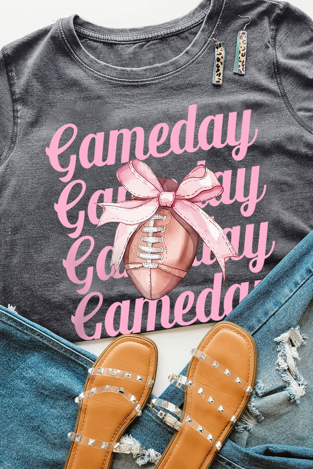 Gray Game Day Bowknot Football Graphic Casual Tee