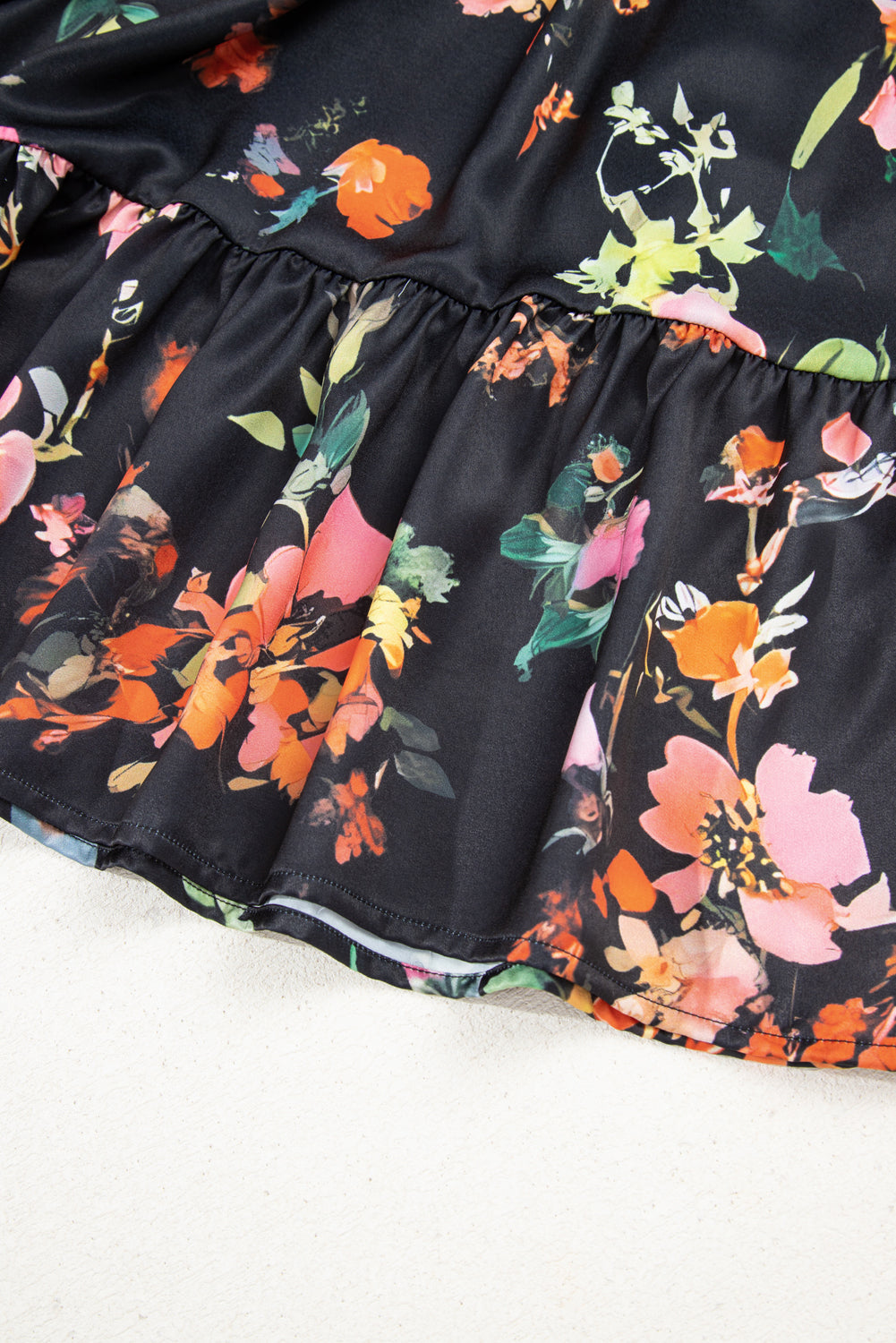 Black Plus Size Floral Print Tie Neck Cinched Waist Long Sleeve Mini Dress