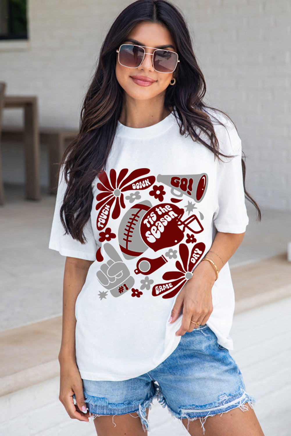 White Touch Down Game Day Tis Season Graphic Crew Neck Tee