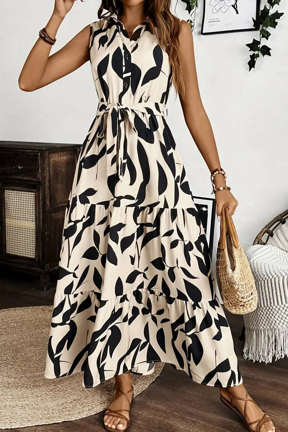 Apricot Abstract Print Knot Waist Collar Sleeveless Maxi Dress