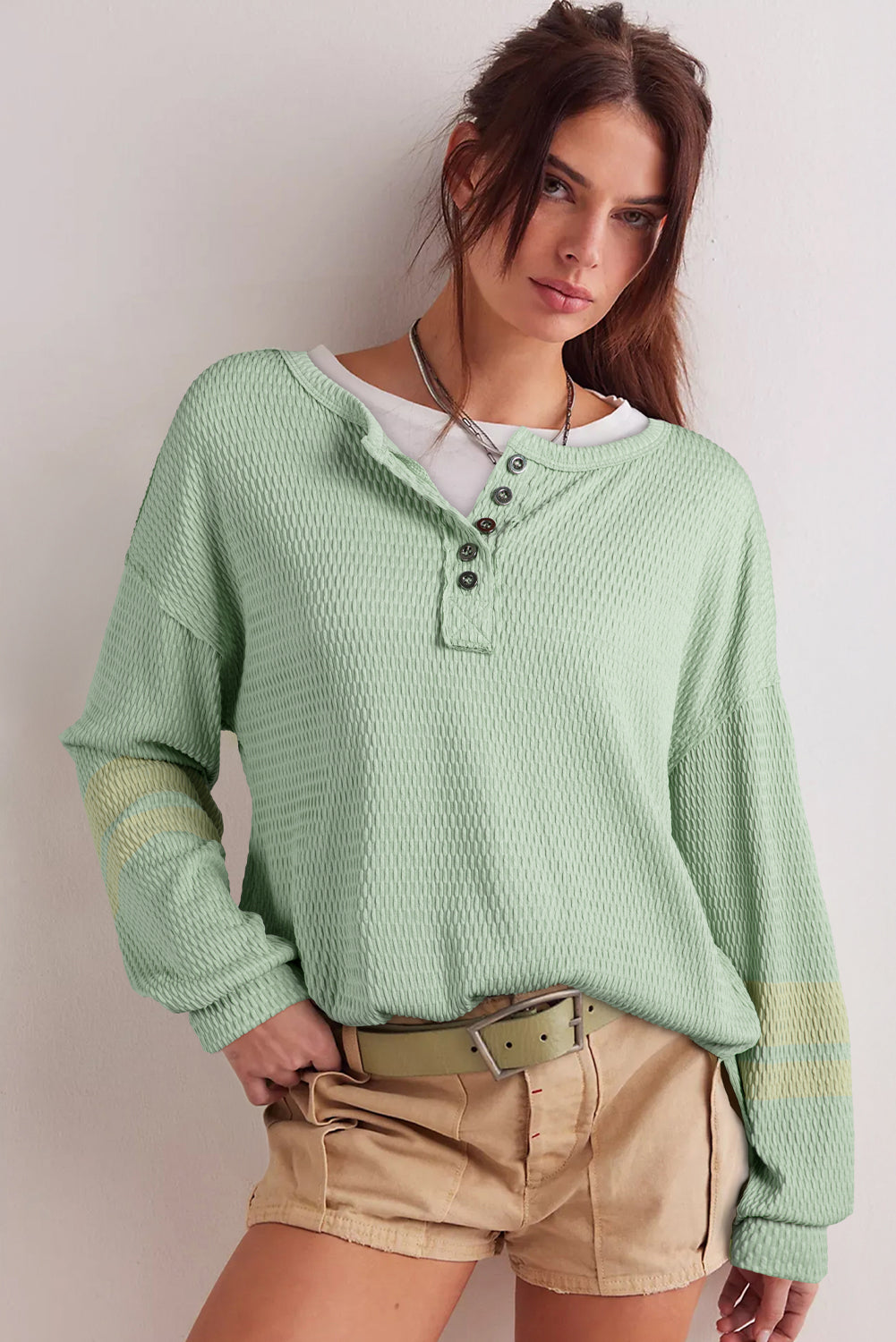 Meadow Mist Green Textured Colorblock Sleeve Henley Sweatshirt