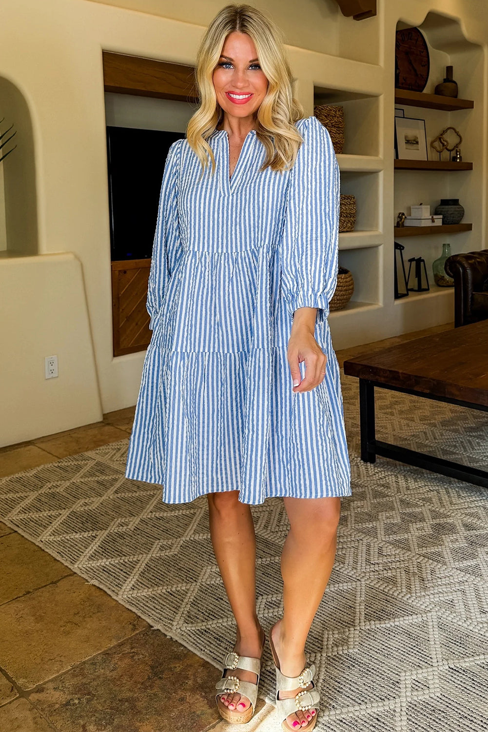 Sky Blue Stripe Bracelet Sleeve Tiered Shift Dress with Pockets