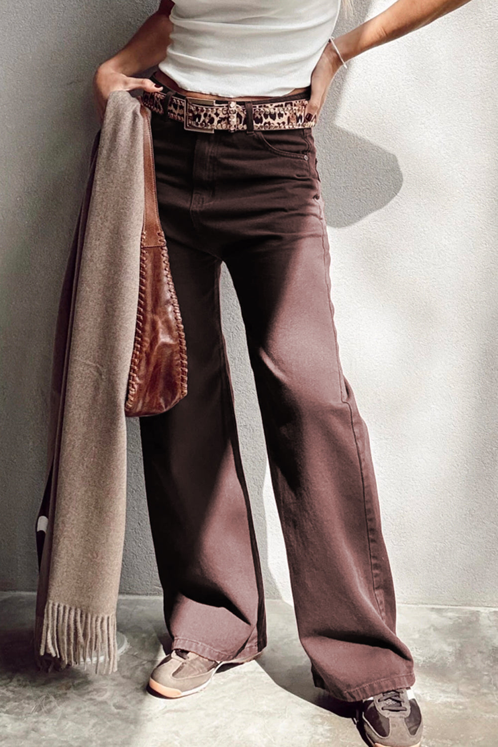 Coffee Solid Color Loose Straight High Waist Jeans