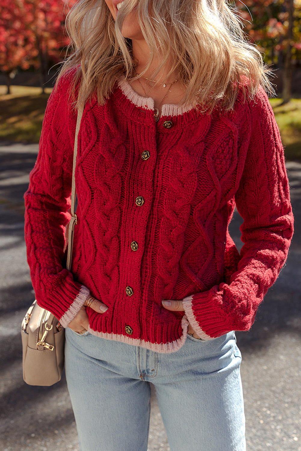 Racing Red Contrast Edge Twist Cable Knit Buttoned Cardigan