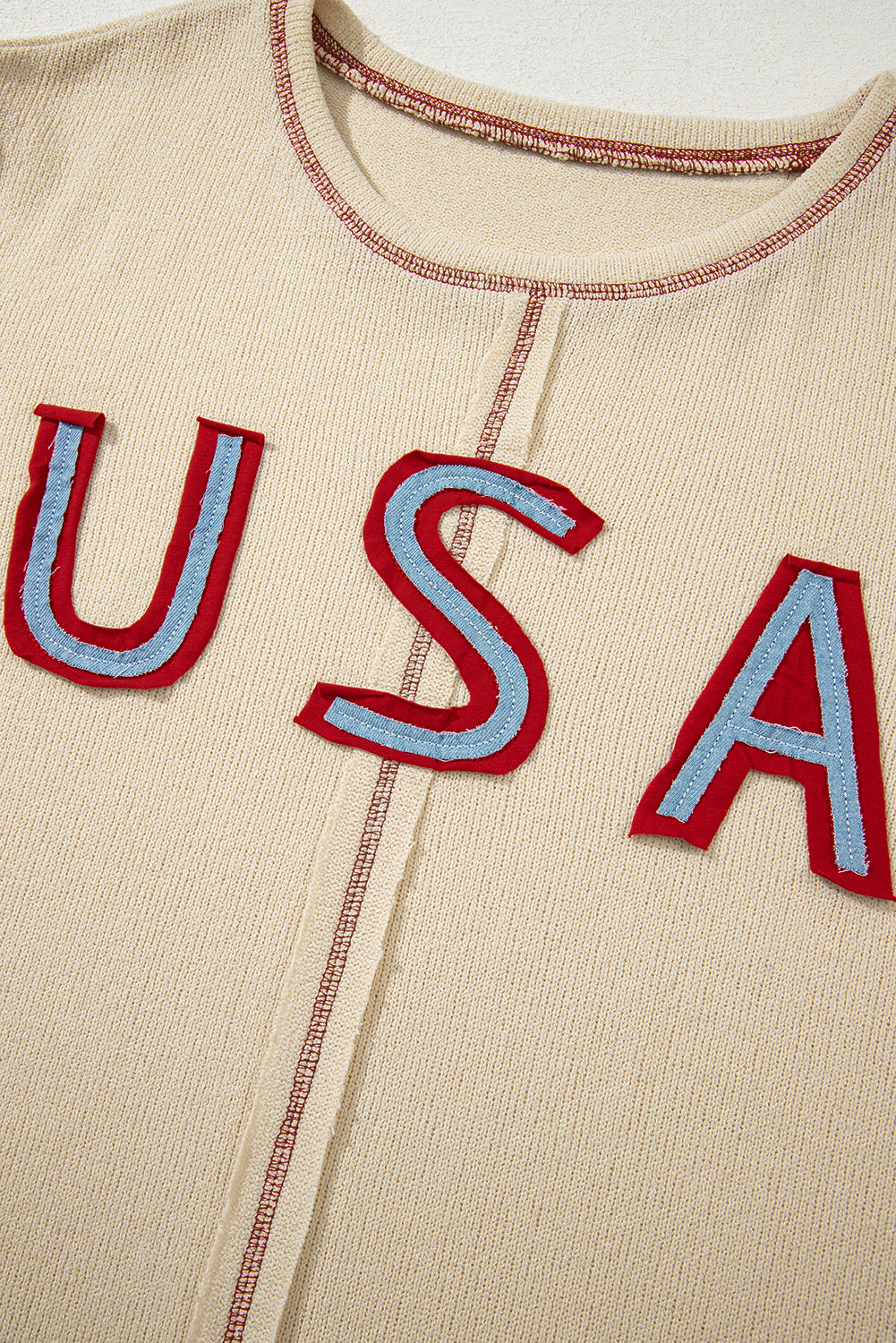 Beige USA Star Patchwork Exposed Seam Long Sleeve Top