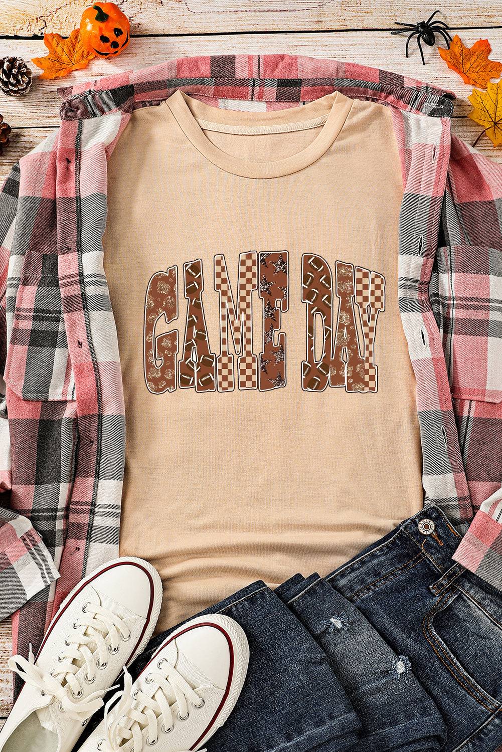 Khaki GAME DAY Football Checkered Letter Graphic T Shirt