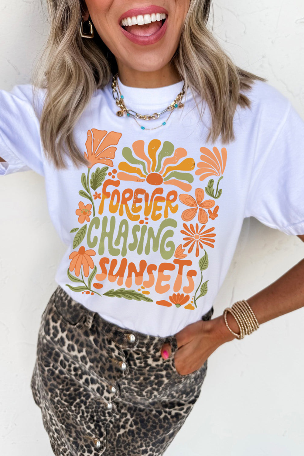 White FOREVER CHASING SUNSETS Floral Print T Shirt