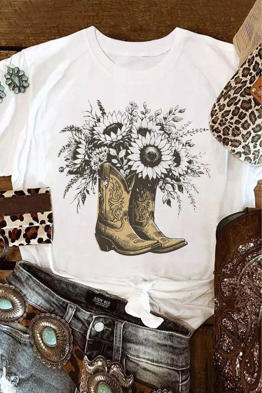 White Sunflower Boots Cotton Blend Graphic Tee