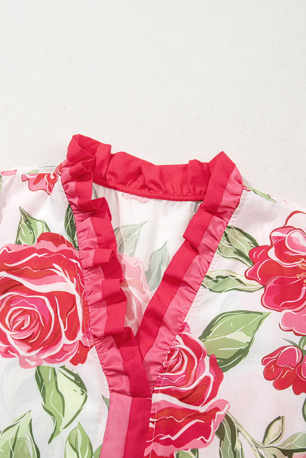 Rose Plus Size Floral Print Frill Neck Short Sleeve Blouse