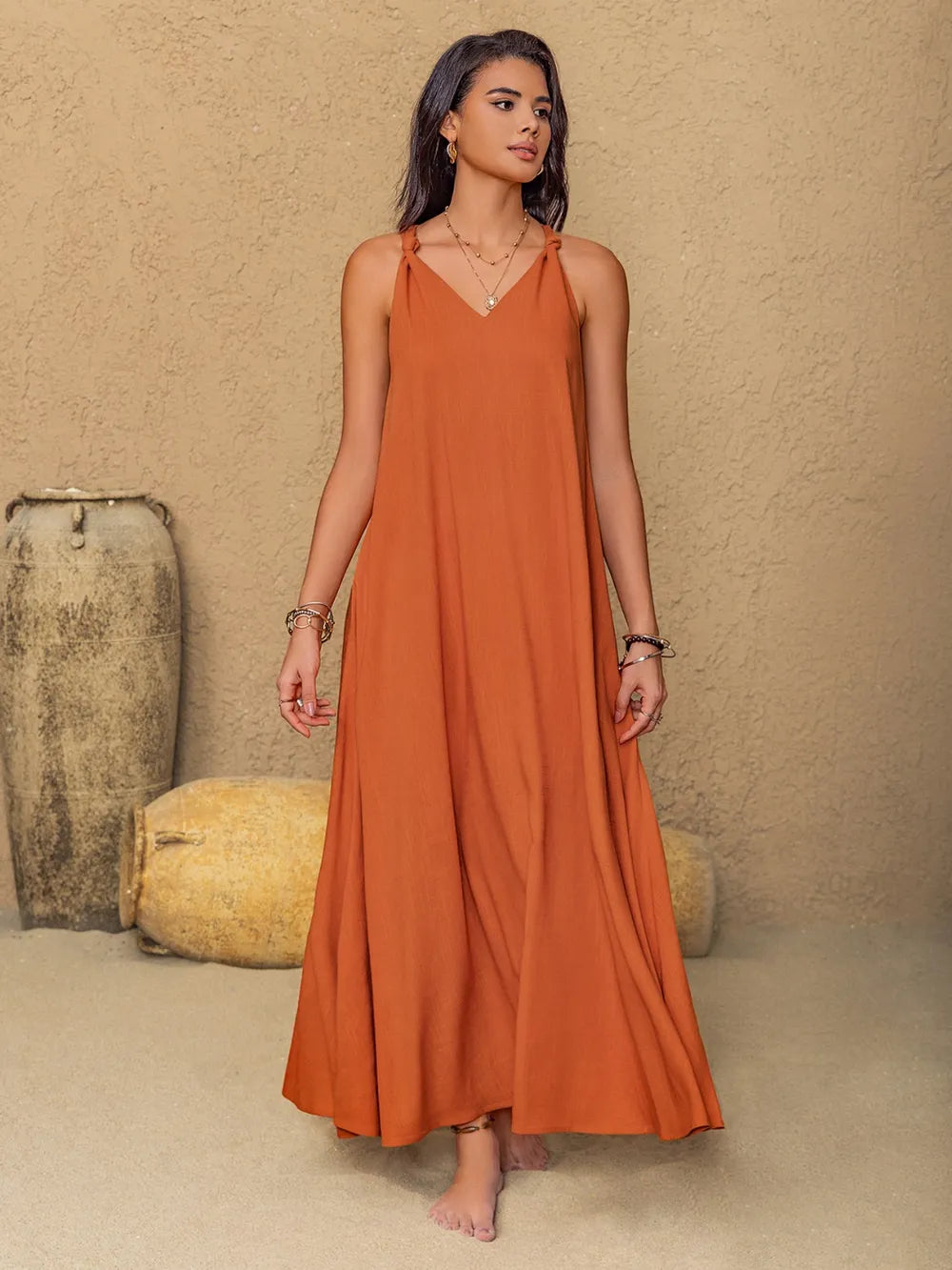Ruched Twisted Back Sleeveless Maxi Cami Dress