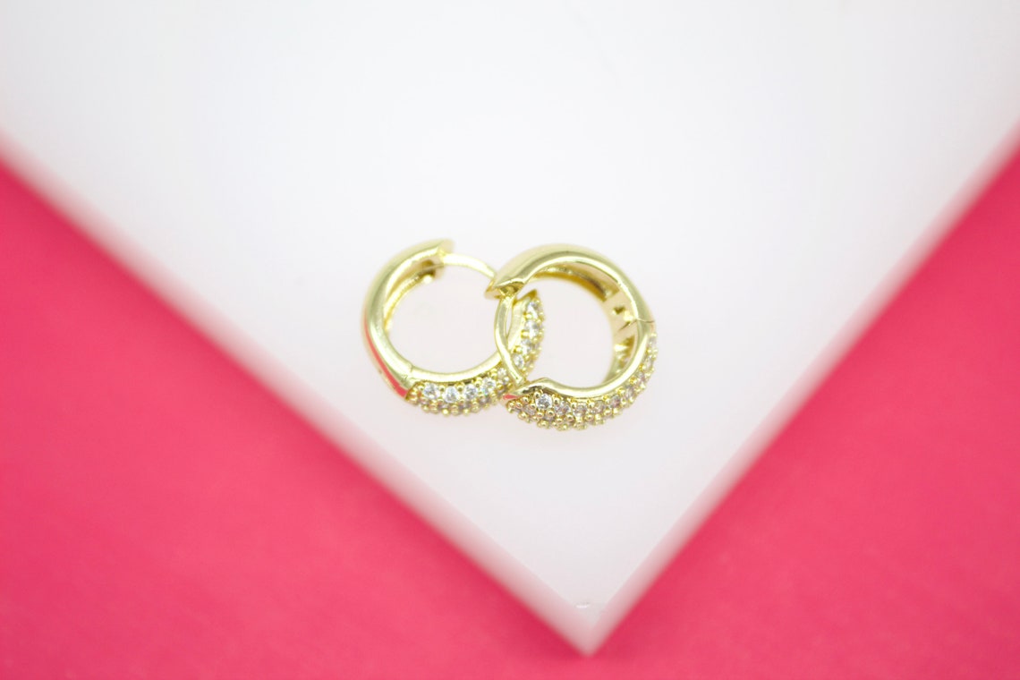 18K Gold Filled Rounded Huggies With Micro CZ Stones-1