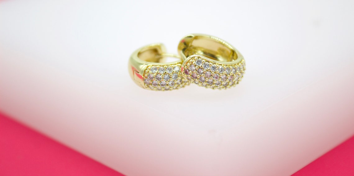 18K Gold Filled Rounded Huggies With Micro CZ Stones-2