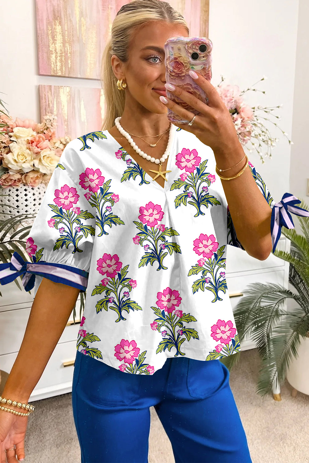 White Floral Print Knot Bubble Sleeve V Neck Blouse
