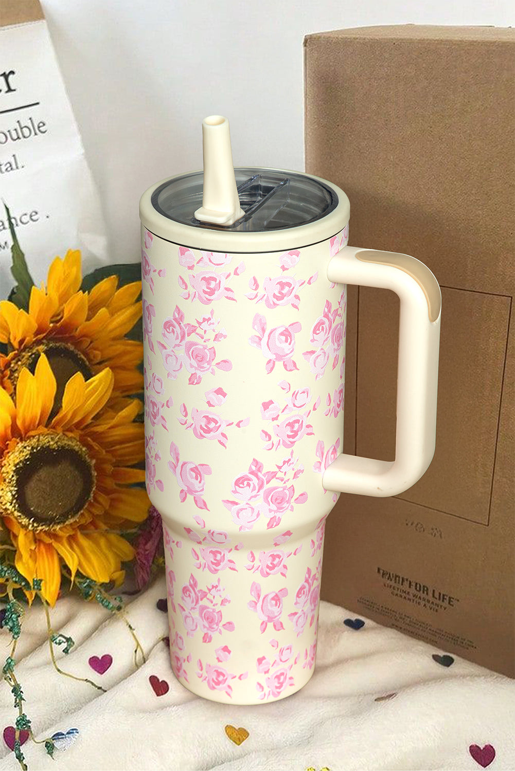 White Flower Print Handle Insulated Large Tumbler