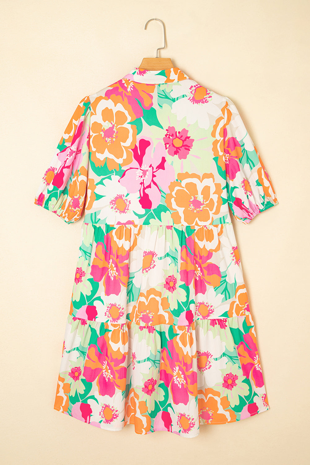 Pink Floral Puff Sleeve Collar Buttoned Babydoll Dress