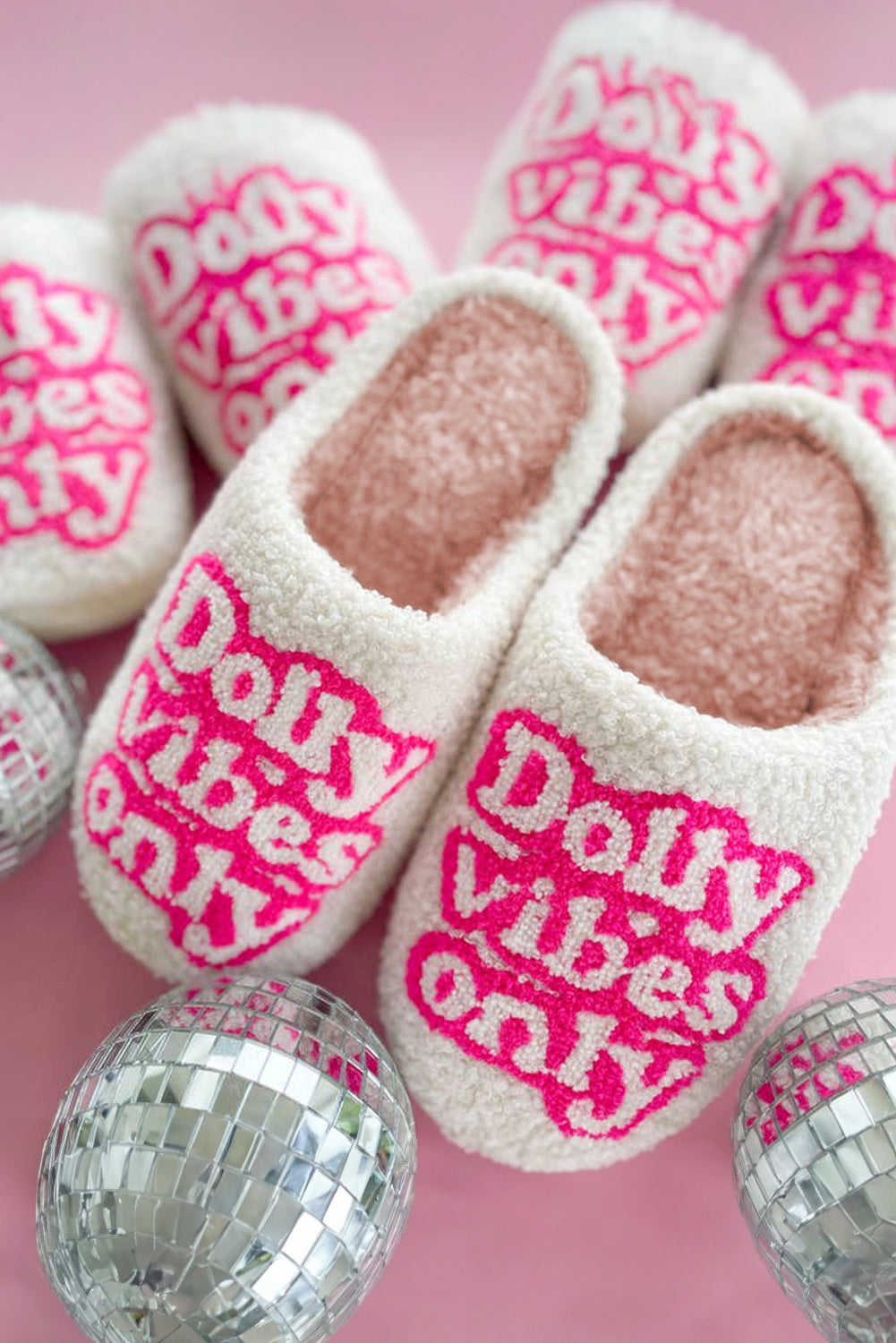 White Dolly Vibes Only Slip On Plush Slippers