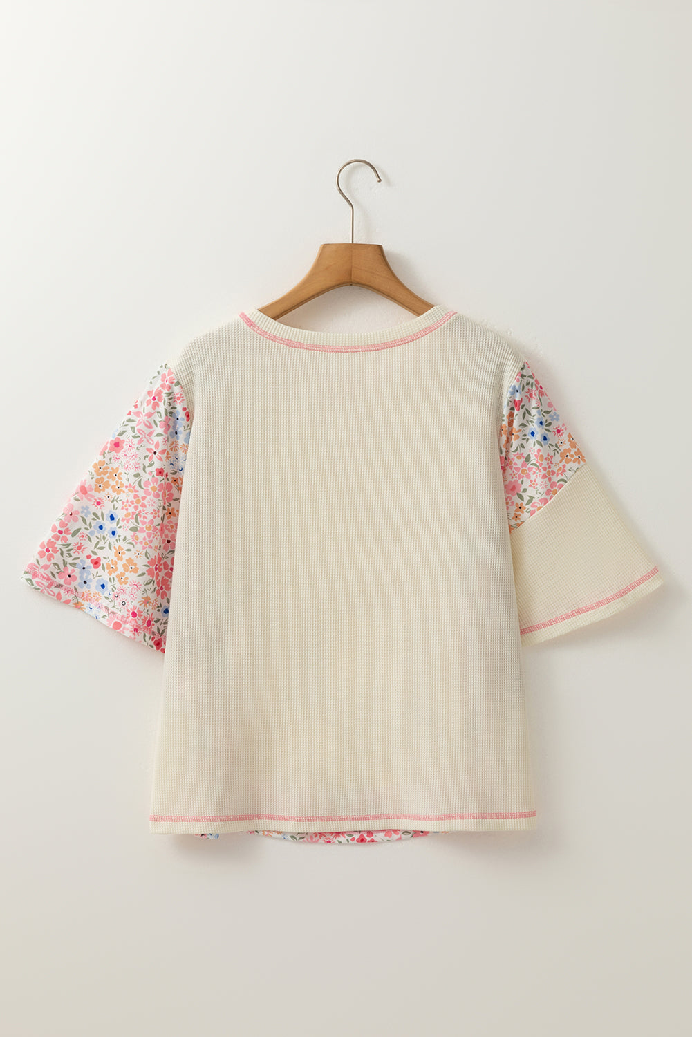 Beige Floral Patchwork Pocket Drop Sleeve Waffle T Shirt