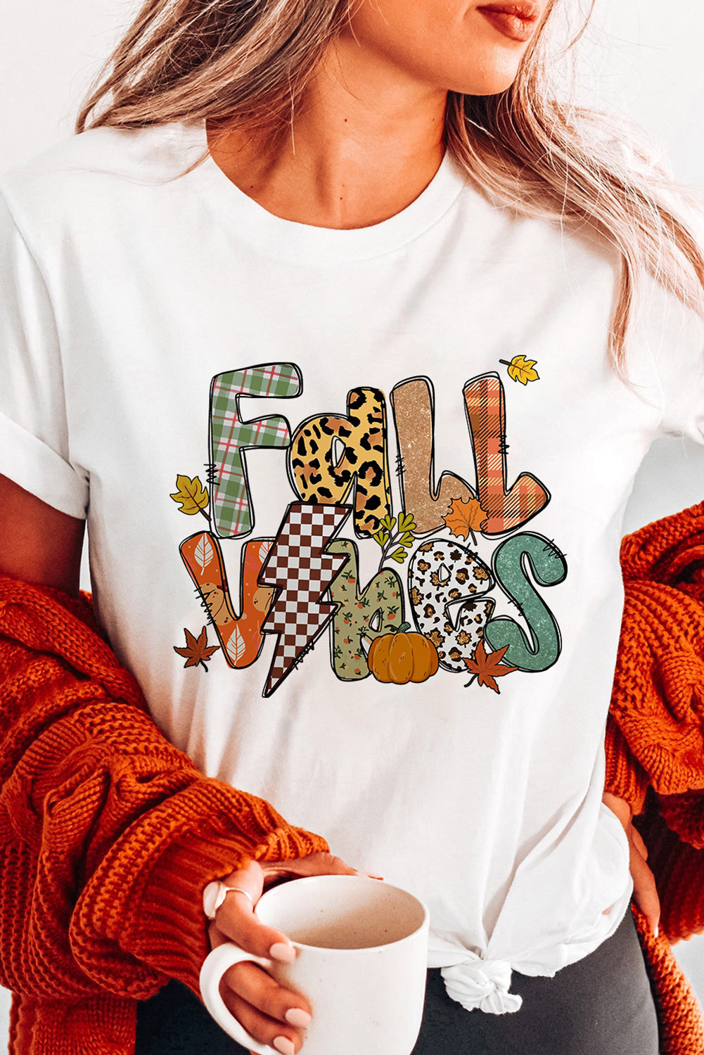 White FALL VIBES Cotton Blend Casual T Shirt