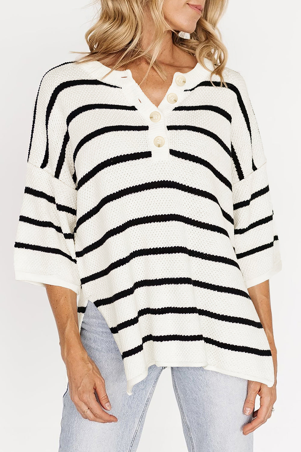 White Stripe Drop Shoulder Bracelet Sleeve Henley Knit Tee