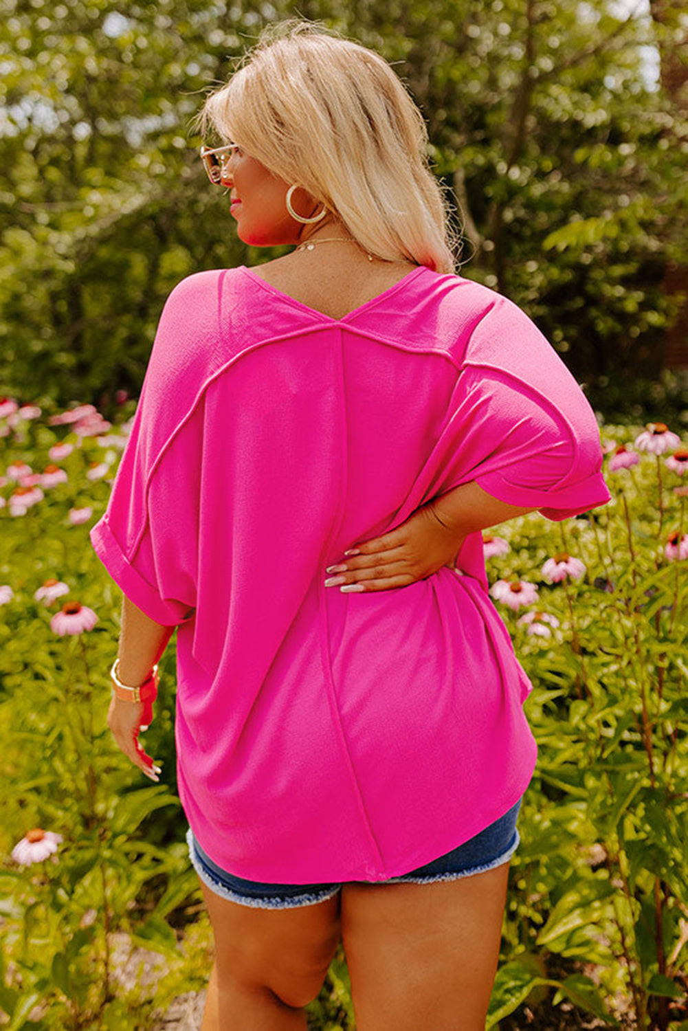 Bright Pink Seamed Back High Low Hem V Neck Plus Size Tee